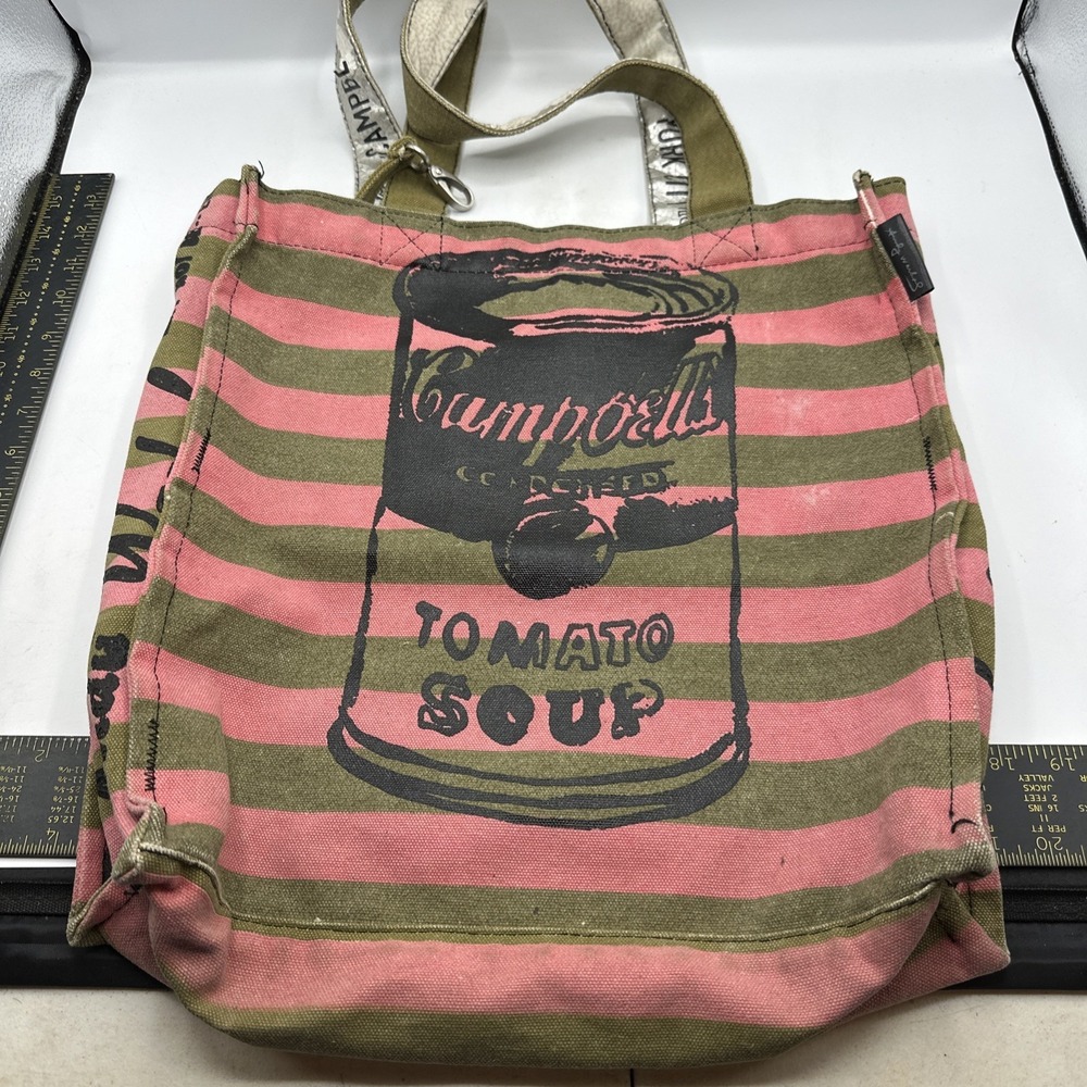 Andy Warhol Campbell's Tomato Soup Tote Bag Pink/Green Striped‎ Canvas 14" X 16"